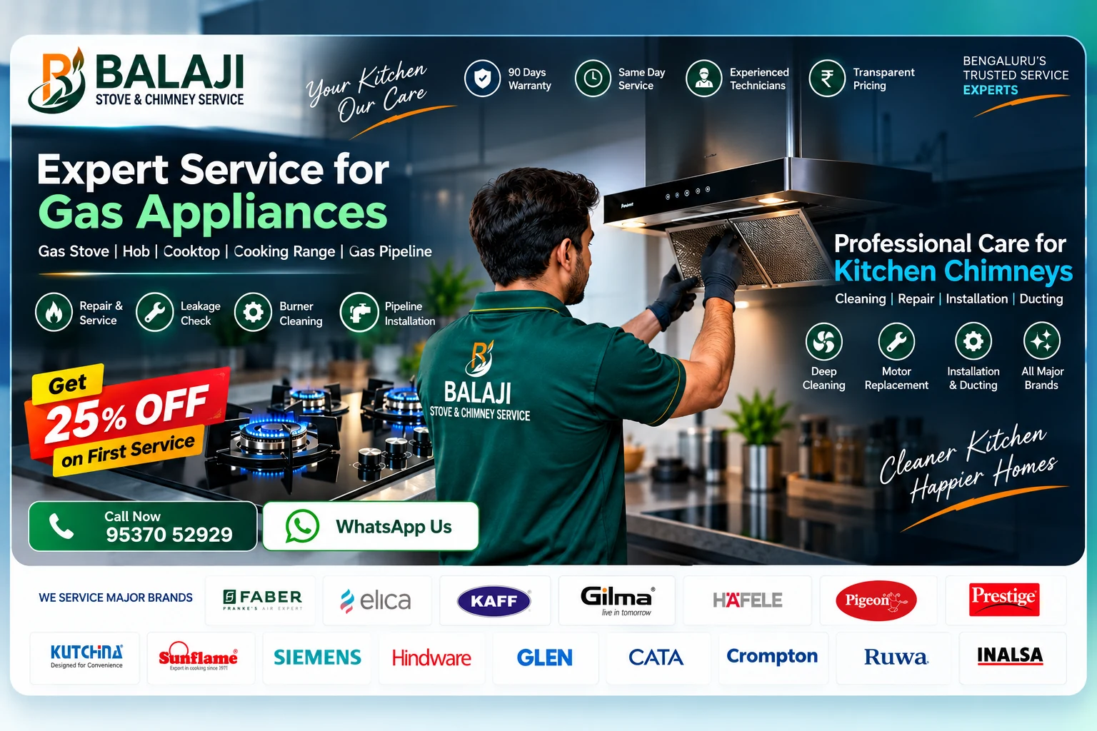 Balaji gas stove, hob and kitchen chimney service in Bengaluru
